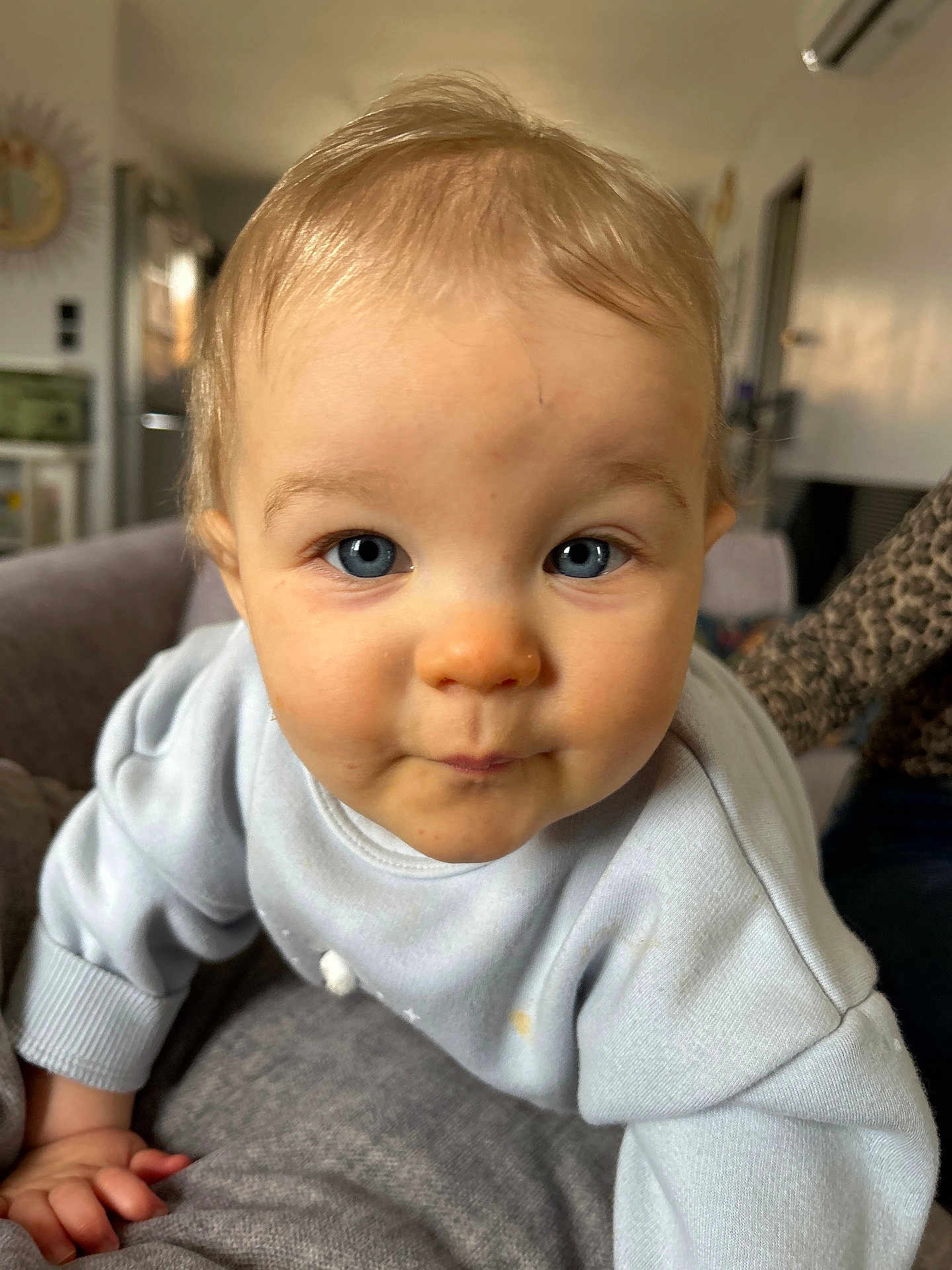 Elena participe au concours pour gagner de l'argent avec cette photo : baby, blue_eyes, curious_expression, indoor, living_room, couch, sweater, child, person, close_up, blond_hair, hand, face, young_child, soft_lighting, home, furniture, cute, infant, portrait