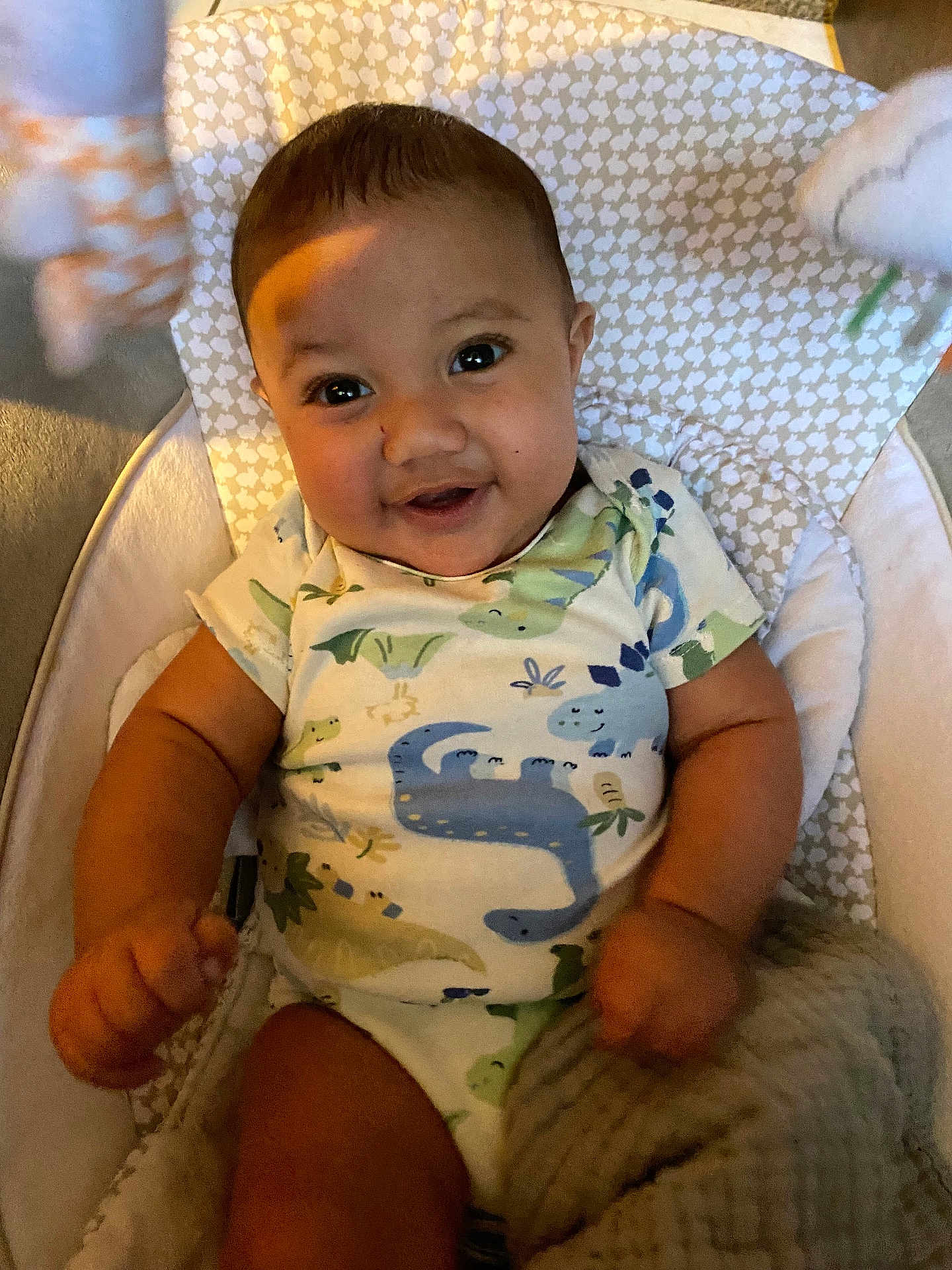 Sterling is registered to the contest to win money with this photo: baby, child, infant, smiling, dinosaur_onesie, cushioned_seat, blanket, indoors, cute, happy, person, portrait, chubby_cheeks, comfortable, clothing, face, head, sitting, cozy, warm_lighting