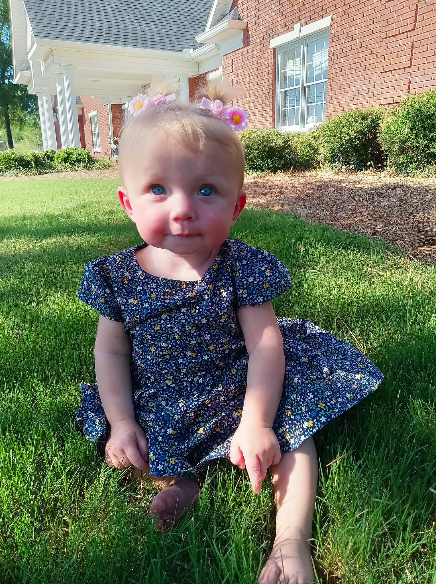 Reighlynn joined the competition — help win amazing prizes! baby, baby_toddler_clothing, child, dress, electric_blue, fun, grass, grass_family, grassland, groundcover, hairstyle, house, lawn, pattern, people_in_nature, person, plant, summer, t_shirt, toddler