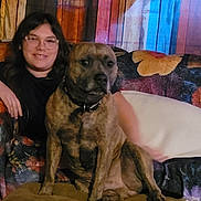 Loki is registered to the contest to win money with this photo: person, dog, couch, floral_pattern, glasses, smile, indoor, wooden_wall, brown_dog, brindle, seated, furniture, pet, collar, relaxed, cushion, home, casual, portrait, friendship