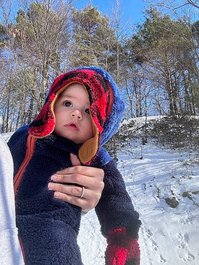 Seth joined the competition — help win amazing prizes! beanie, cap, electric_blue, fashion_accessory, freezing, fun, fur, happy, headgear, headwear, hood, knit_cap, leisure, magenta, people_in_nature, person, sky, snow, toddler, tree