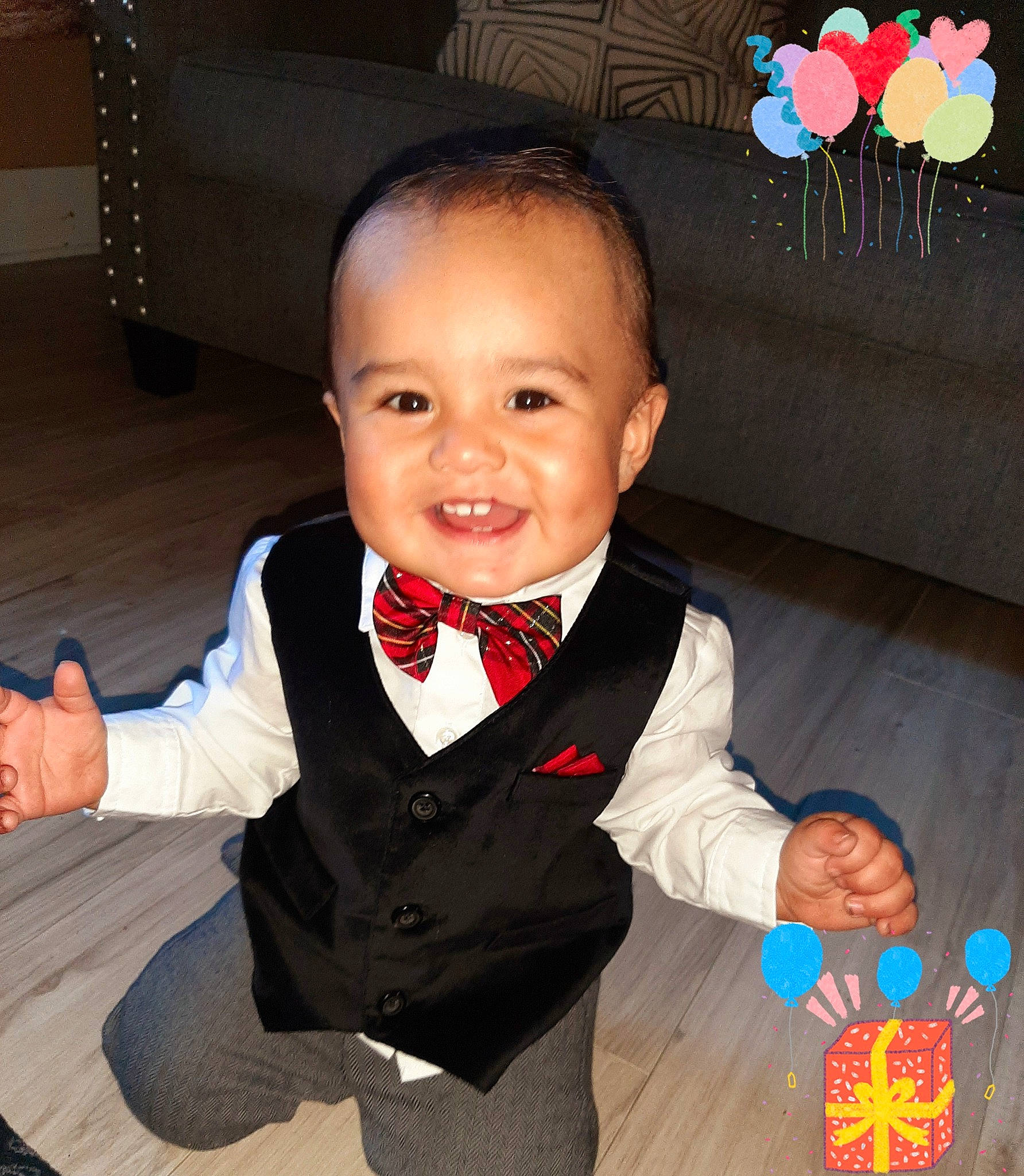 Walter joined the competition — help win amazing prizes! baby, baby_toddler_clothing, black, cheek, child, collar, cool, event, facial_expression, formal_wear, fun, happy, joy, organ, person, skin, sleeve, smile, suit, tie