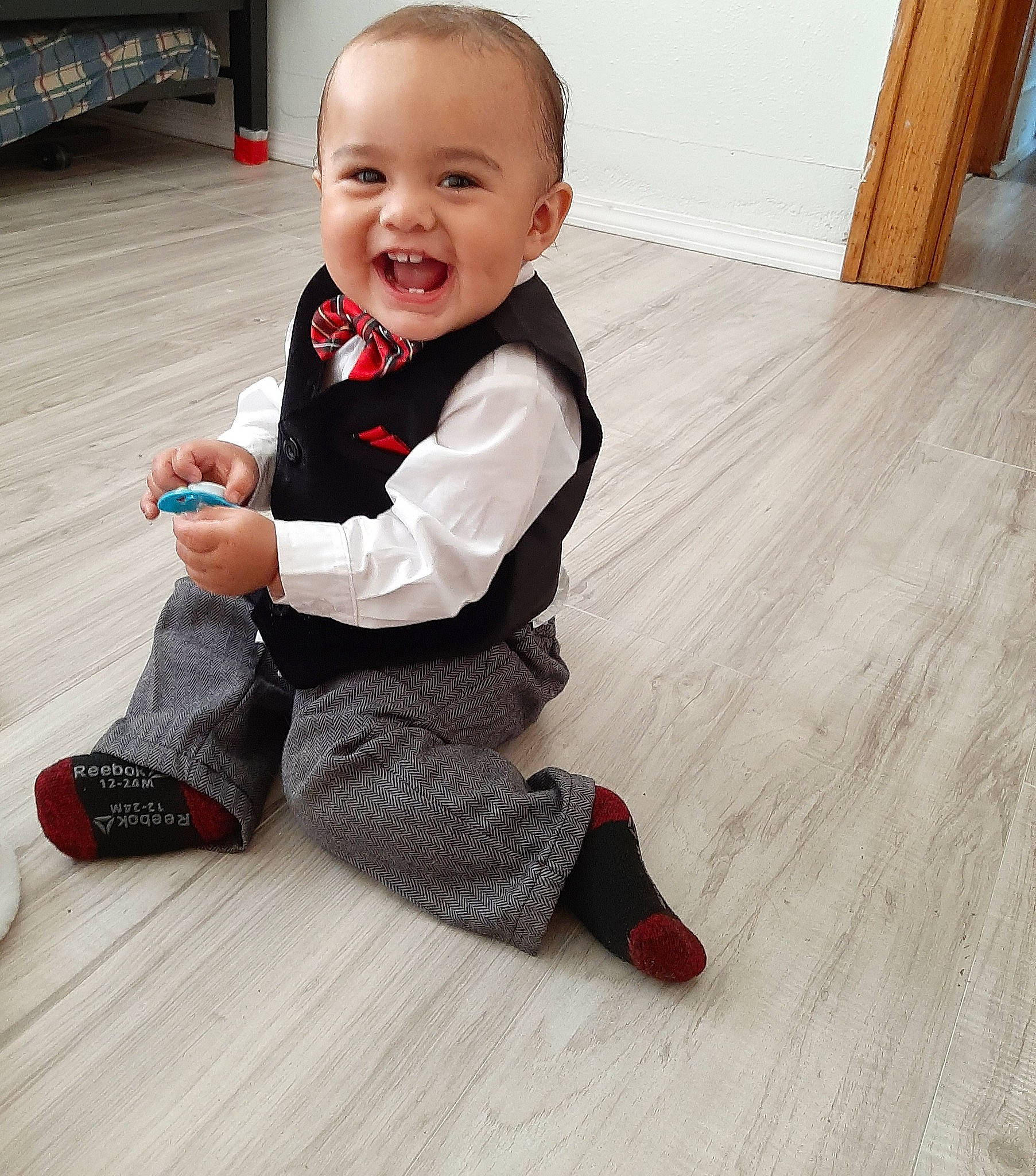 Walter joined the competition — help win amazing prizes! baby, baby_toddler_clothing, blazer, child, floor, flooring, happy, hardwood, knee, leg, pattern, person, skin, sleeve, smile, sock, suit, toddler, varnish, wood