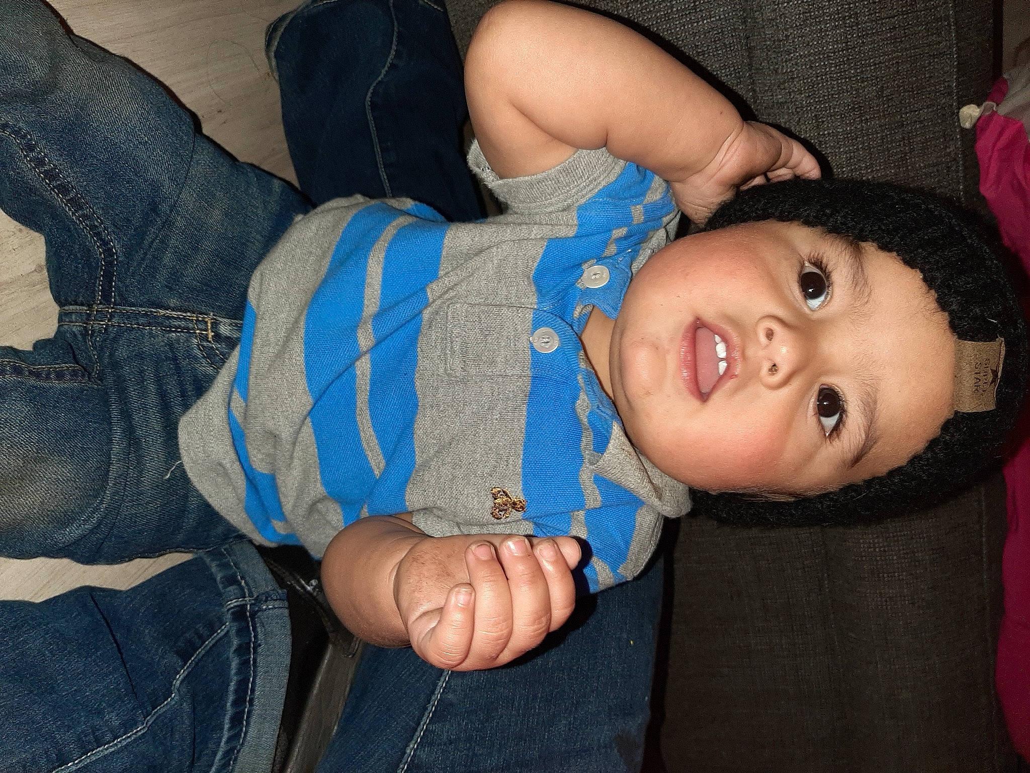 Walter is registered to the contest to win money with this photo: baby, baby_toddler_clothing, blue, cheek, chest, comfort, denim, electric_blue, eyelash, finger, gesture, iris, leg, lip, mouth, nose, person, skin, textile, toddler