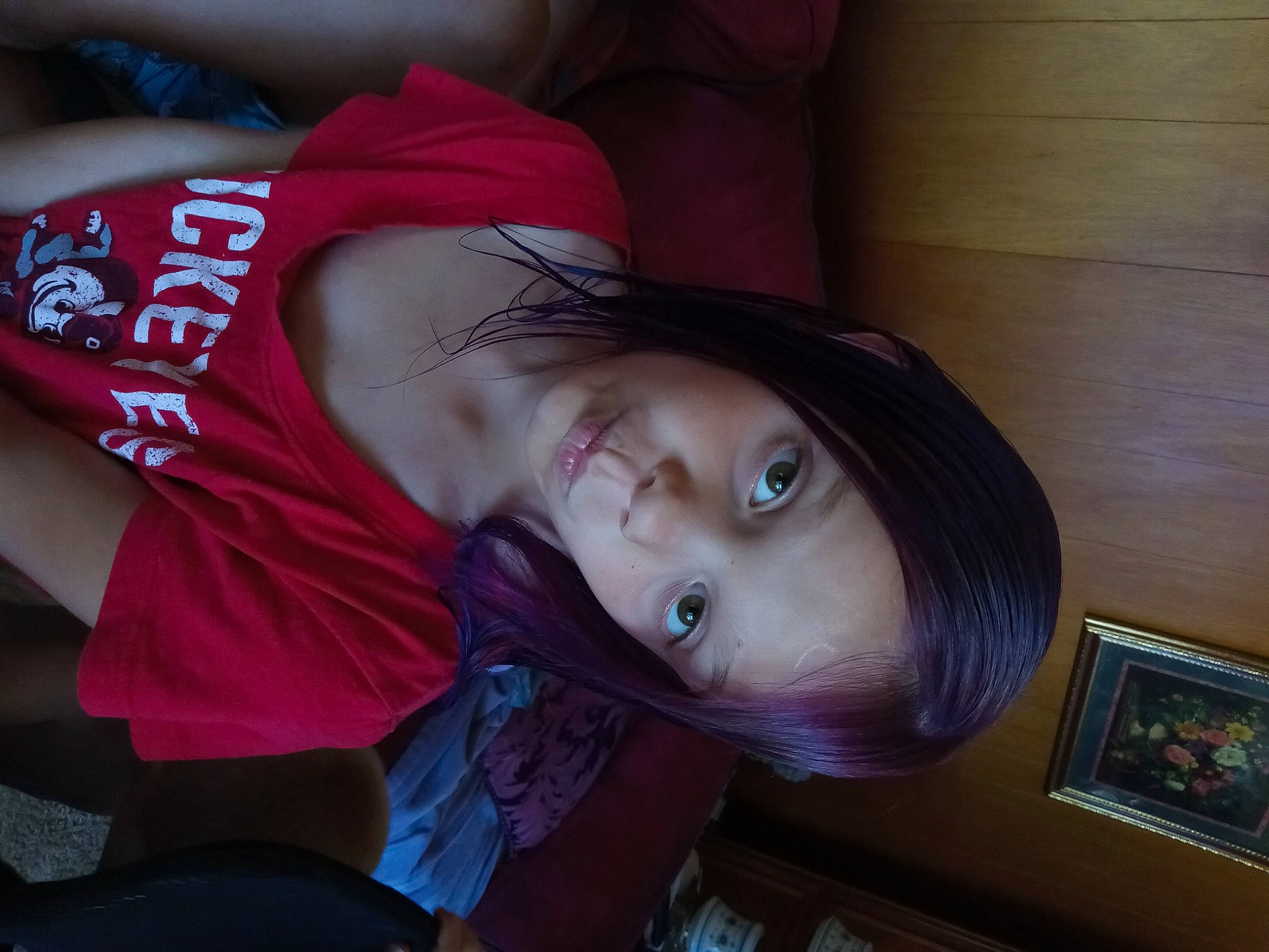 Allison Lute is registered to the contest to win money with this photo: black_hair, brown_hair, chin, cool, elbow, electric_blue, eyebrow, eyelash, eyewear, forehead, iris, lip, long_hair, magenta, mouth, neck, nose, person, purple, skin