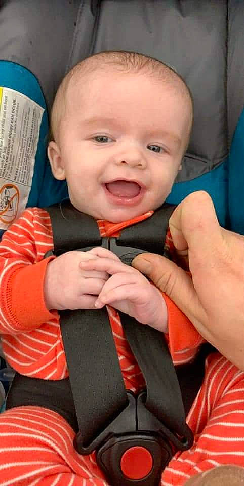 Mason joined the competition — help win amazing prizes! baby, car_seat, child, neck, person, seat_belt, smile, toddler