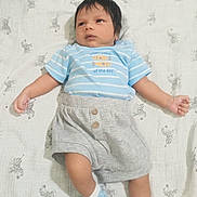 Mannan Ali is registered to the contest to win money with this photo: baby, blue_shirt, child, clothing, cute, gray_shorts, indoors, infant, lying_down, patterned_blanket, person, portrait, resting, sleepwear, small_hands, socks, soft_lighting, striped_shirt, young_child, zebra_pattern