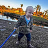 toddler, child, boy, outdoor, grass, boots, jacket, stick, pond, water, sunset, sky, trees, palm_trees, house, reflection, daylight, person, nature, playing
