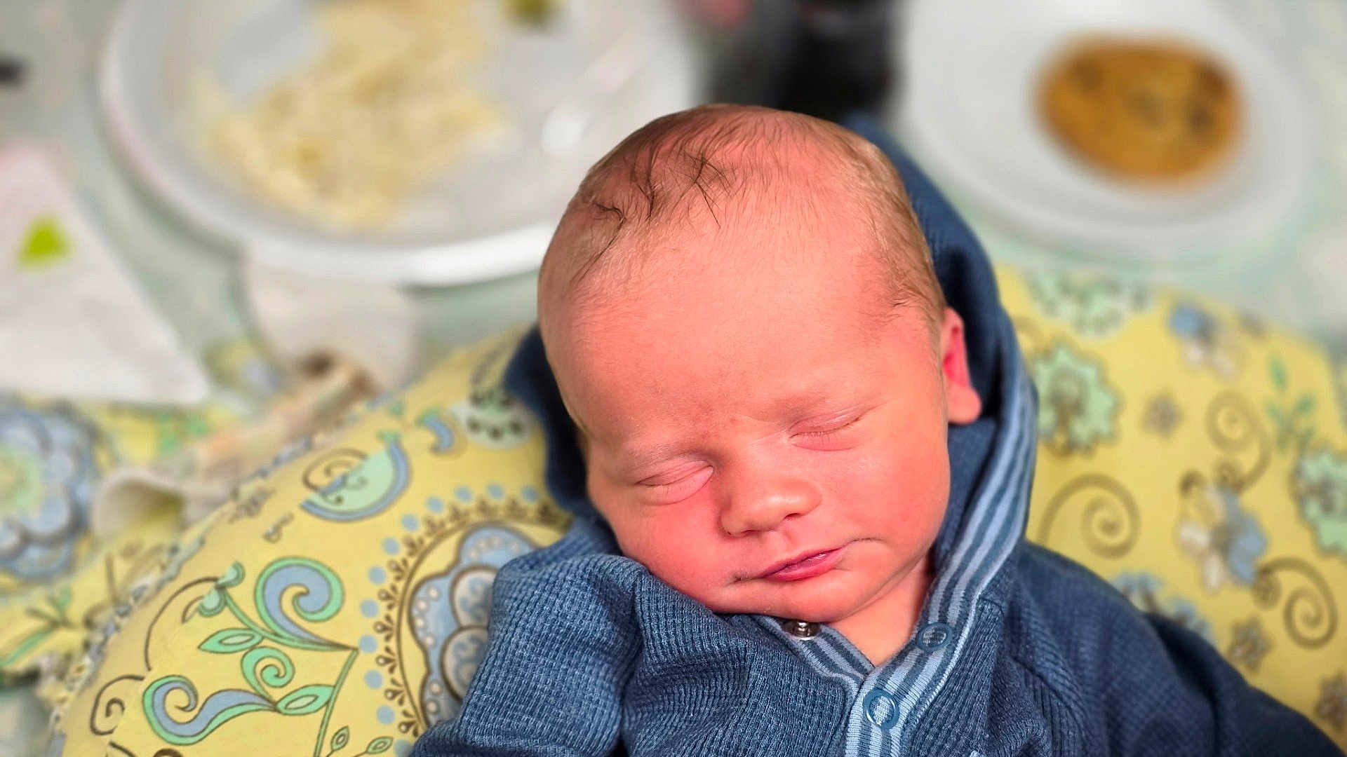 Jackson joined the competition — help win amazing prizes! newborn, baby, sleeping, blue_clothing, pillow, patterned_pillow, indoor, face, head, peaceful, infant, portrait, cozy, soft_light, closeup, resting, child, cute, small, peaceful_expression
