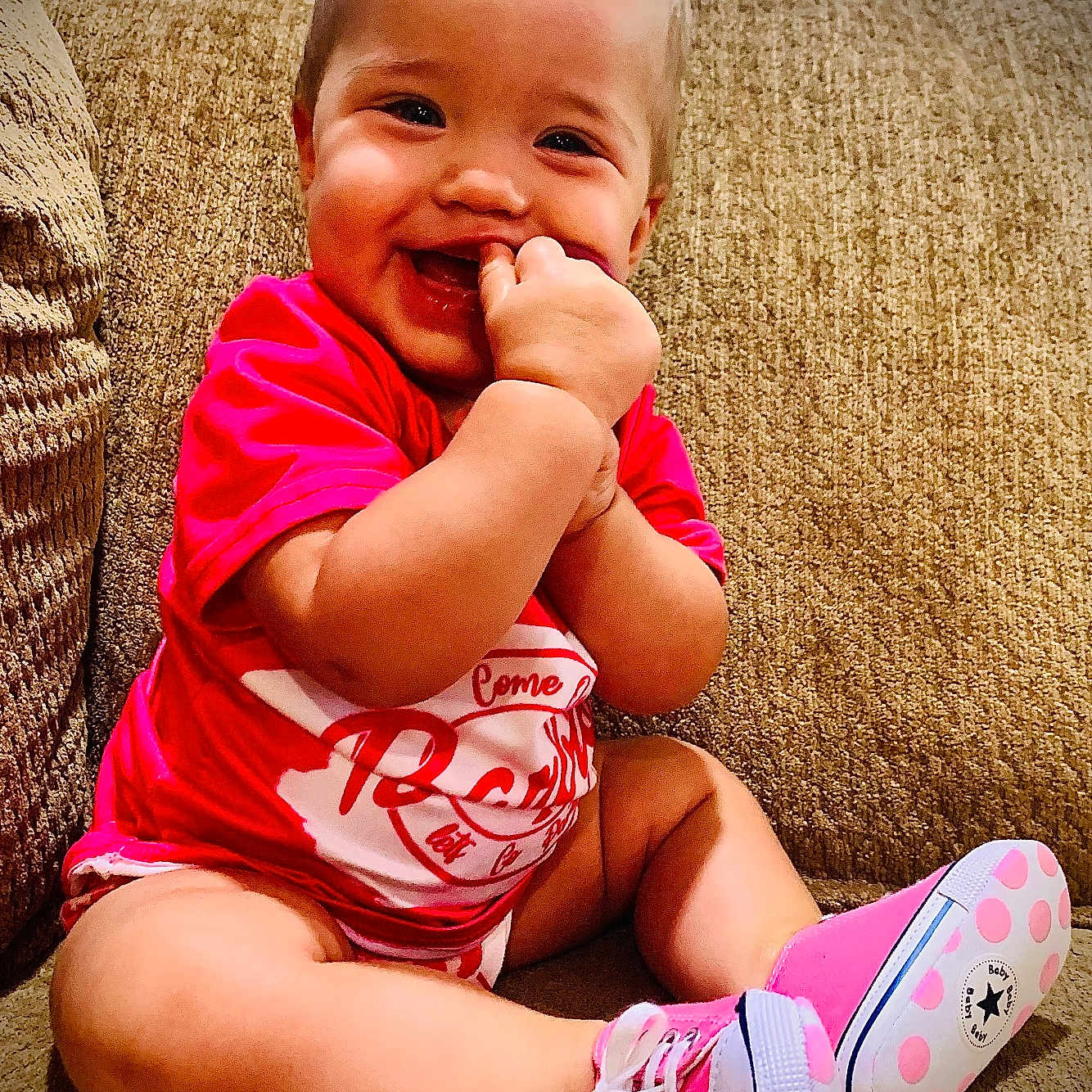 Jerzzie joined the competition — help win amazing prizes! baby, babylaughing, clothing, couch, cushion, face, footwear, furniture, happy, head, homedecor, laughing, person, photography, portrait, shoe, shorts, sitting, smile, t_shirt