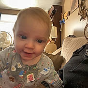 Thomas joined the competition — help win amazing prizes! baby, blurry, casual, child, couch, cozy, curious, cute, decor, fan, furniture, home, indoor, infant, lamp, living_room, pajamas, person, portrait, smiling