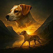 Cannelle a rejoint le concours — aidez-le/la à gagner de superbes lots ! dog, sunset, lake, mountains, nature, animal, portrait, landscape, reflection, outdoor, scenery, golden_hour, canine, majestic, peaceful, forest, water, sky, walking, silhouette