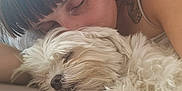 Winny a rejoint le concours — aidez-le/la à gagner de superbes lots ! person, dog, sleeping, resting, closeup, pet, fur, indoor, cozy, calm, tattoo, earring, bed, blanket, soft_light, cute, companion, animal, portrait, relaxation