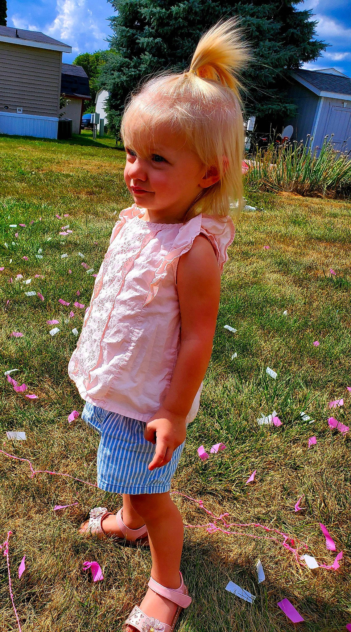 Lucille joined the competition — help win amazing prizes! baby, baby_toddler_clothing, backyard, blond, child, day_dress, garden, grass, lawn, person, pink, spring, summer, toddler, yard