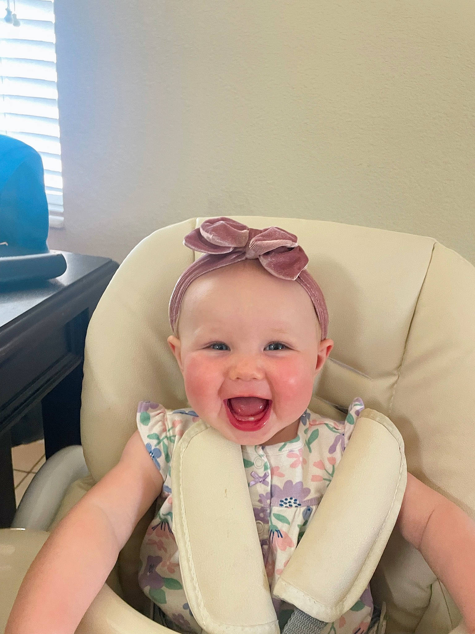 Vivian joined the competition — help win amazing prizes! baby, baby_laughing, baby_products, baby_toddler_clothing, chair, child, comfort, eye, eyewear, fun, goggles, happy, person, personal_protective_equipment, room, sitting, skin, sleeve, smile, toddler