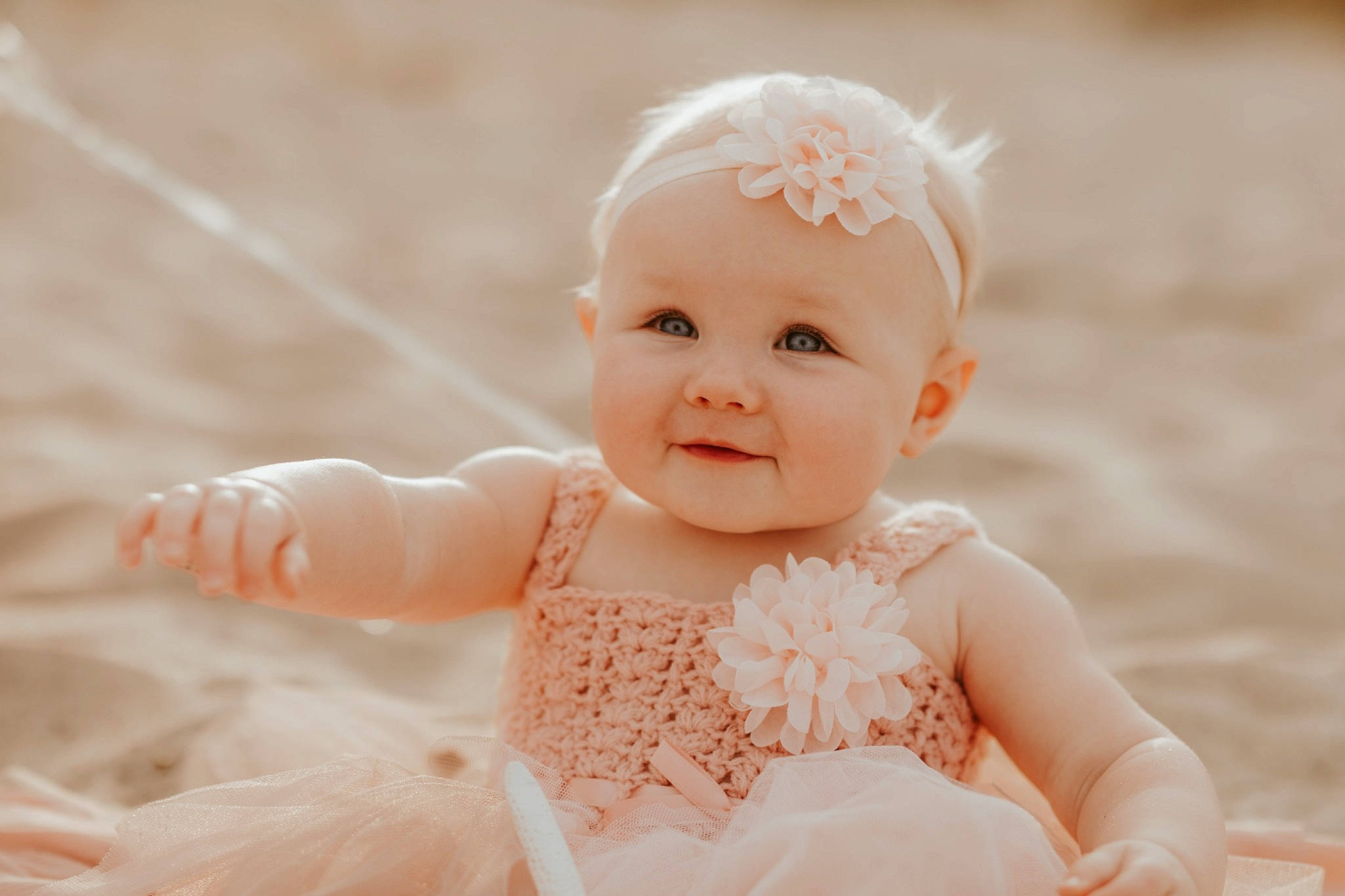 Vivian joined the competition — help win amazing prizes! baby, baby_toddler_clothing, child, embellishment, event, fashion_accessory, flash_photography, fun, hair_accessory, happy, iris, joy, laugh, pattern, peach, person, portrait_photography, sitting, sleeve, smile