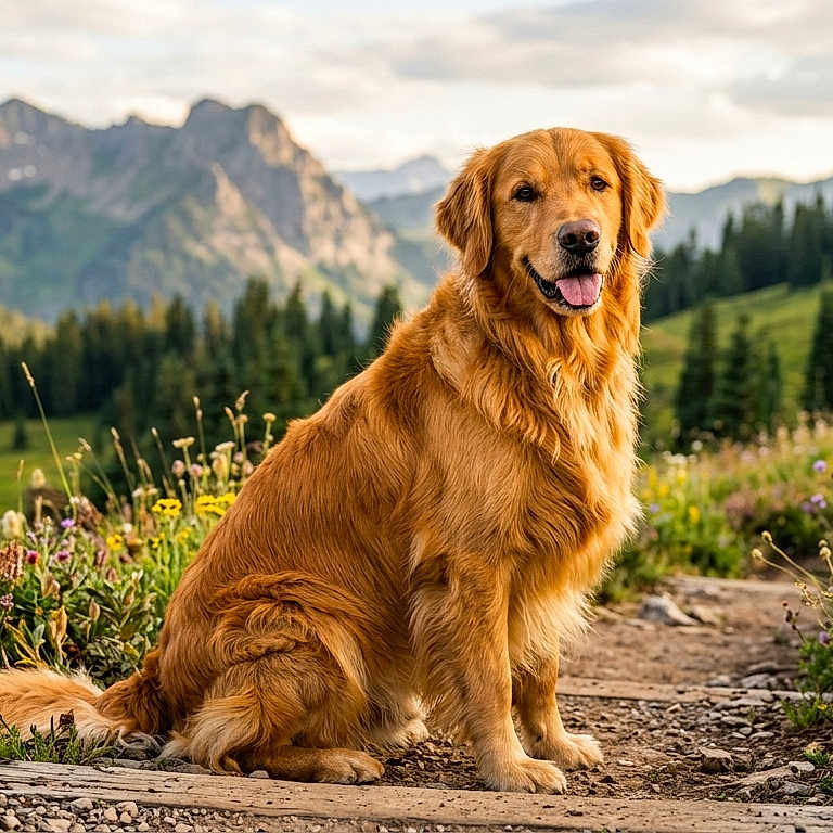 Tailleron participe au concours pour gagner de l'argent avec cette photo : golden_retriever, dog, animal, pet, outdoor, nature, mountain, trail, wildflowers, greenery, landscape, sky, clouds, forest, trees, sunlight, sitting, portrait, happy, tongue_out