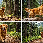 Tailleron participe au concours pour gagner de l'argent avec cette photo : dog, golden_retriever, forest, trees, nature, outdoor, trail, greenery, sunlight, happy, running, jumping, playful, canine, animal, leaves, bark, woods, daylight, scenery