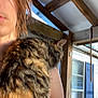 Bucky joined the competition — help win amazing prizes! person, cat, tabby_cat, shoulder, selfie, porch, wooden_beams, window, outdoor, fur, animal, pet, hair, face, skin, natural_light, daylight, home, casual, relaxation