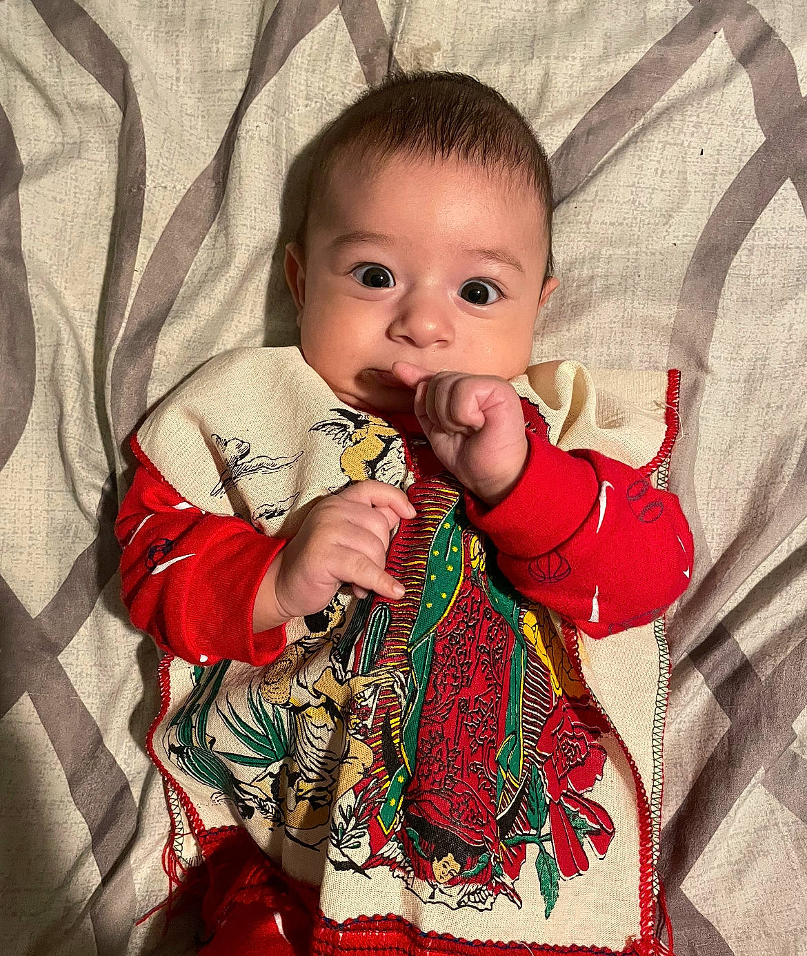 Izan is registered to the contest to win money with this photo: baby, baby_toddler_clothing, cheek, collar, dress, eyelash, facial_expression, hair, happy, human_body, iris, lip, neck, nose, organ, outerwear, person, product, skin, sleeve