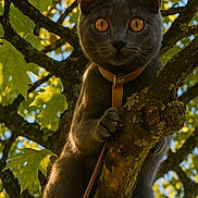 Aska participe au concours pour gagner de l'argent avec cette photo : cat, gray_cat, feline, pet, amber_eyes, yellow_eyes, harness, leash, tree, branch, leaves, bark, nature, outdoors, portrait, closeup, whiskers, paws, sunlight, curious