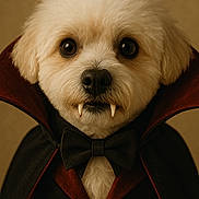 Beans is registered to the contest to win money with this photo: animal, black, bow_tie, cape, costume, cute, dog, face, fangs, fluffy, fur, halloween, indoor, pet, portrait, red, spooky, vampire_costume, white_dog, wide_eyes