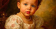 Sylver is registered to the contest to win money with this photo: blue_eyes, child, curly_hair, cute, dress, elegant, face, floral_pattern, indoor, lace, pearl_necklace, portrait, puffy_sleeves, royalty, seated, tiara, toddler, vintage_style, warm_lighting, young_child
