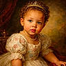 toddler, child, portrait, dress, pearl_necklace, tiara, curly_hair, blue_eyes, floral_pattern, puffy_sleeves, lace, royalty, indoor, warm_lighting, seated, elegant, vintage_style, young_child, cute, face