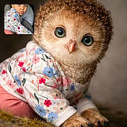 Sylver joined the competition — help win amazing prizes! owl, baby_owl, toddler, child, floral_sweater, pink_pants, animal_clothing, cute, portrait, close_up, baby_animal, face, big_eyes, fur, feathers, indoor, comparison, inset_photo, curious, adorable
