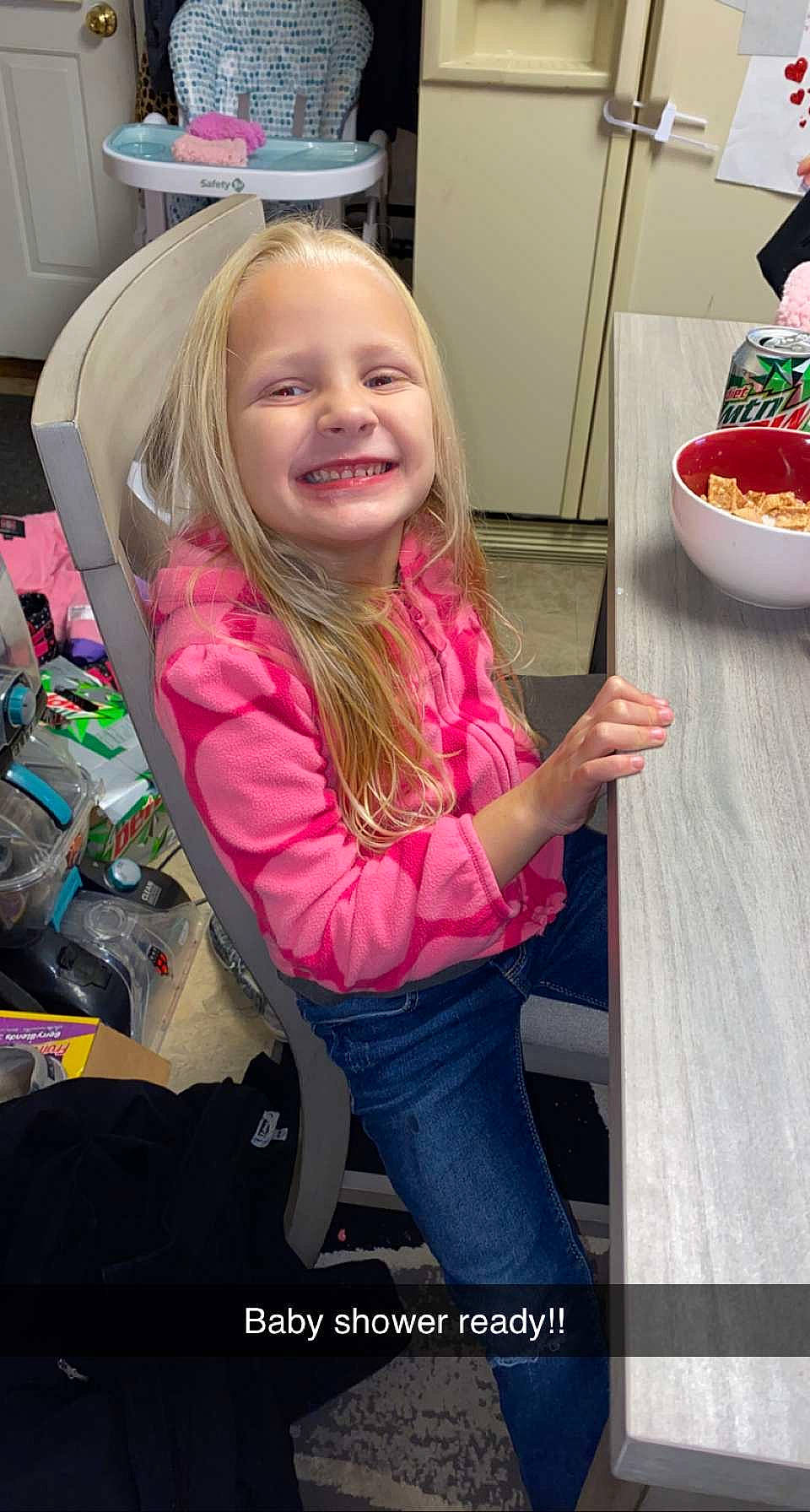 Sophia Harnish joined the competition — help win amazing prizes! chair, child, food, fruit, fun, happy, human_leg, iris, joy, long_hair, luggage_and_bags, magenta, person, pink, plate, room, sitting, smile, table, tableware