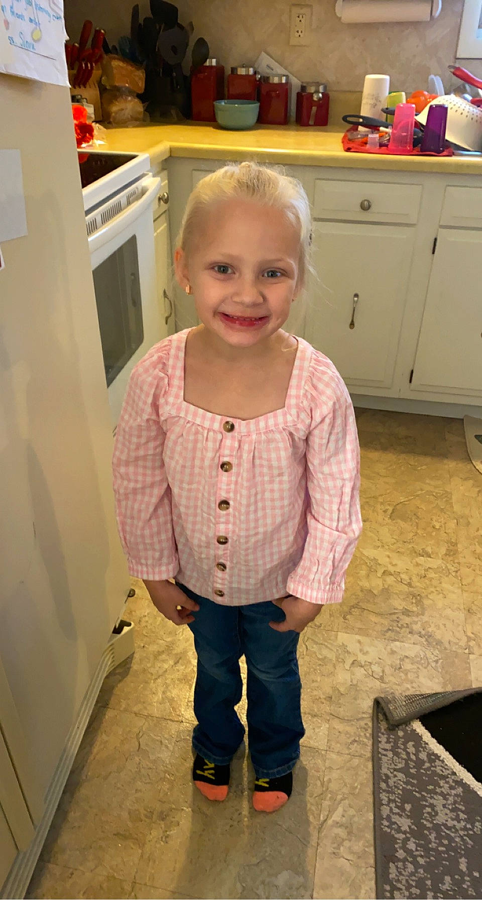 Sophia Harnish joined the competition — help win amazing prizes! baby_toddler_clothing, cabinetry, cheek, clothing, countertop, drawer, floor, flooring, hair, home_appliance, joy, kitchen, kitchen_appliance, person, photograph, refrigerator, room, skin, sleeve, smile