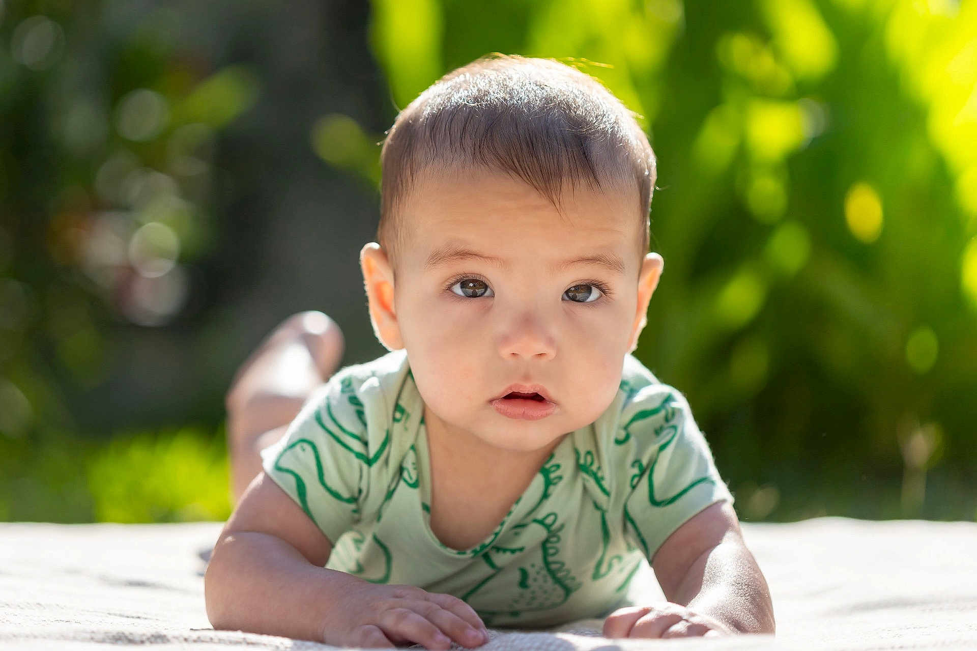 Max a rejoint le concours — aidez-le/la à gagner de superbes lots ! baby, child, infant, outdoor, sunlight, greenery, dinosaur_print, onesie, face, eyes, skin, hand, lying_down, portrait, cute, young, nature, expression, daylight, soft_focus