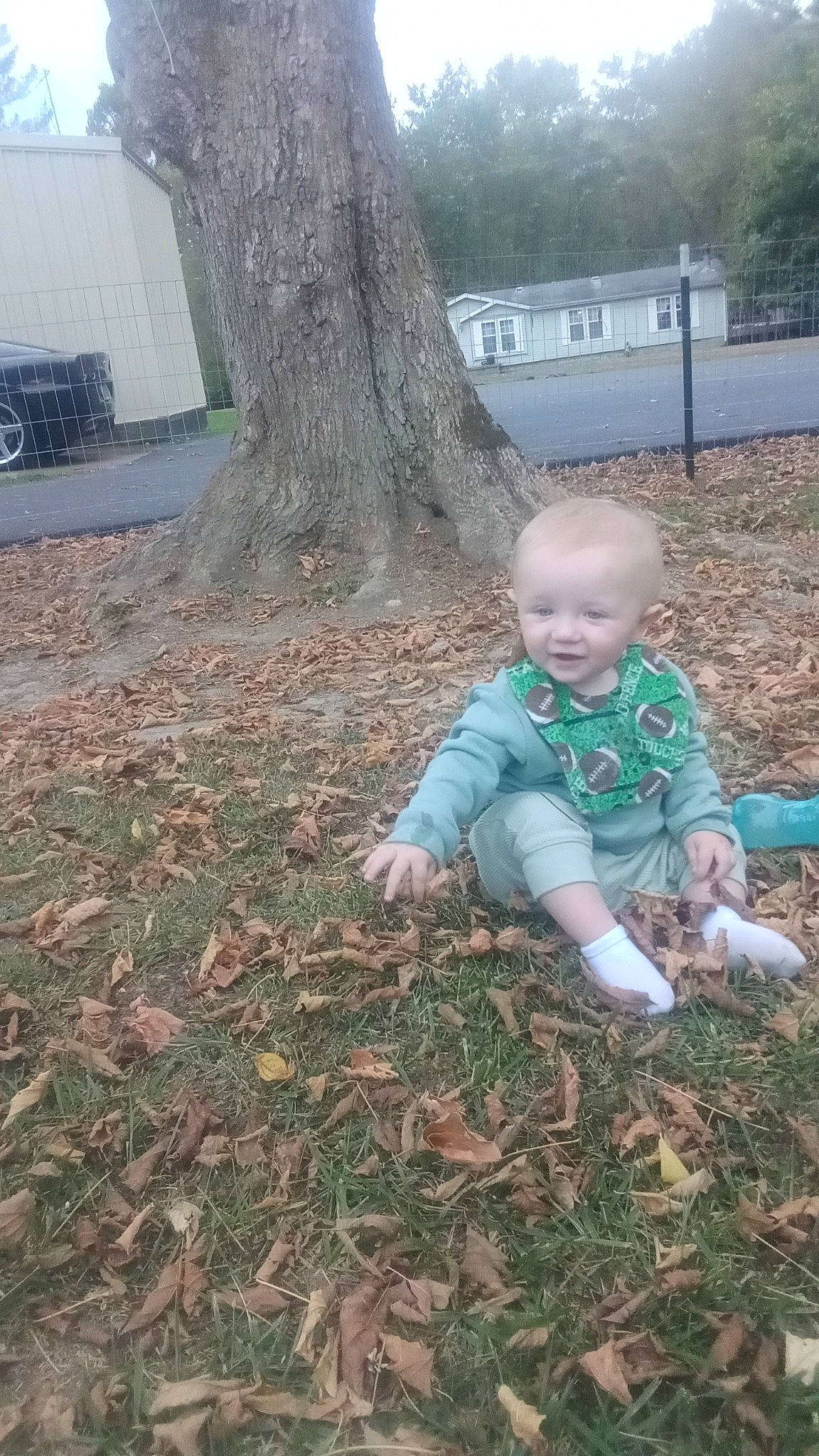 Cole is registered to the contest to win money with this photo: baby, baby_toddler_clothing, child, deciduous, fun, garden, grass, landscape, lawn, people_in_nature, person, plant, sitting, soil, toddler, tree, trunk, twig, winter, wood