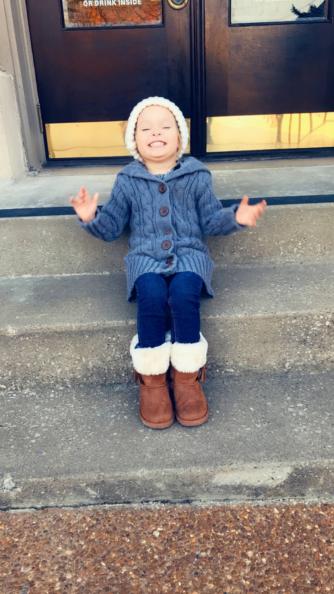 Alyssia joined the competition — help win amazing prizes! blue, child, denim, footwear, fun, headwear, jacket, jeans, joy, outerwear, person, photography, shoe, sitting, smile, snapshot, standing, toddler