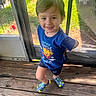 child, smiling, blue_tshirt, shorts, colorful_shoes, wooden_deck, outdoor, screen_door, sunlight, grass, happy, boy, portrait, standing, casual_clothing, daylight, playful, cute, young_child, person