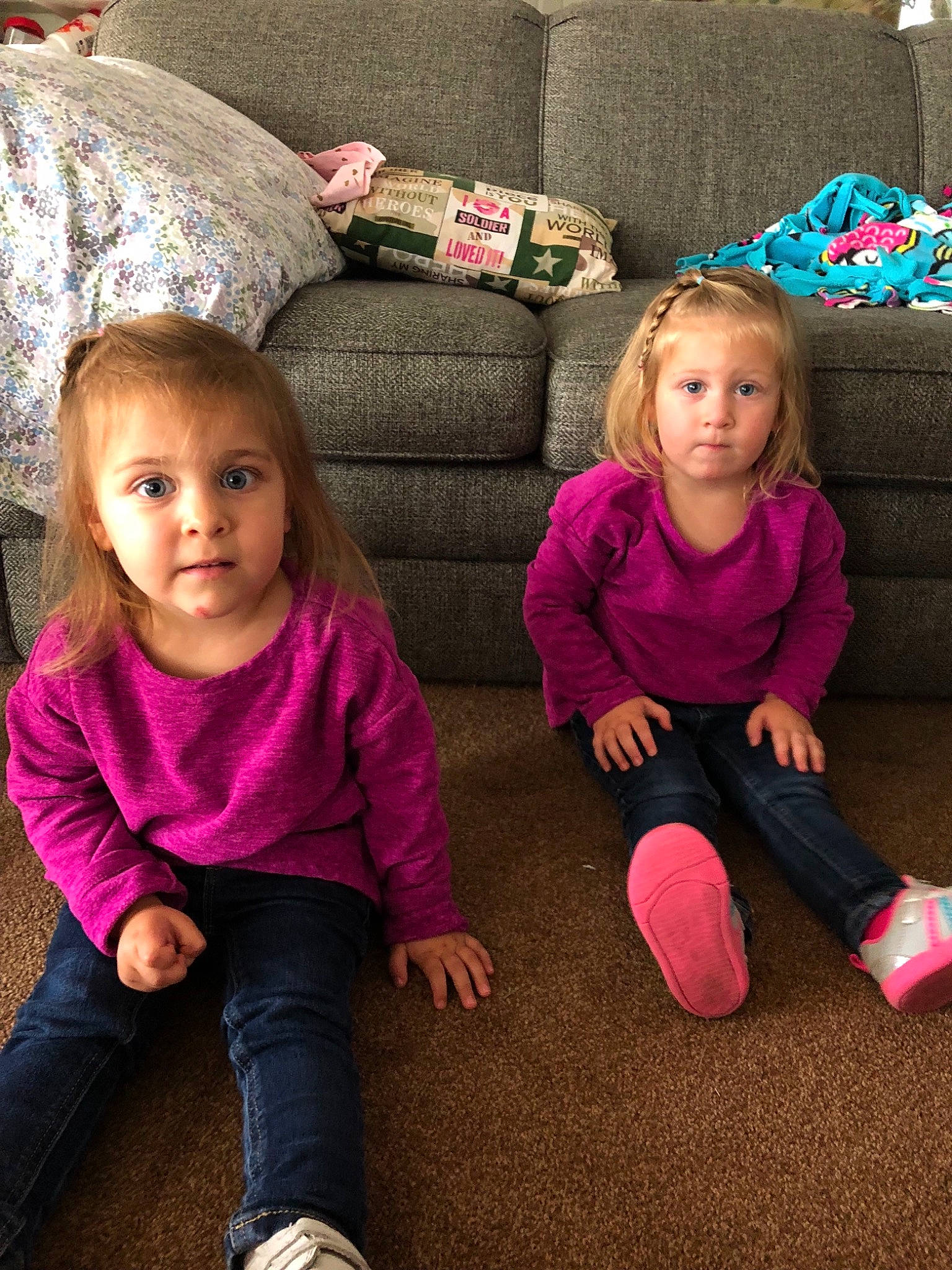 Aidyn joined the competition — help win amazing prizes! baby, cheek, child, face, family, flooring, footwear, fun, head, leg, people, person, pink, play, shoe, sibling, sitting, skin, smile, toddler