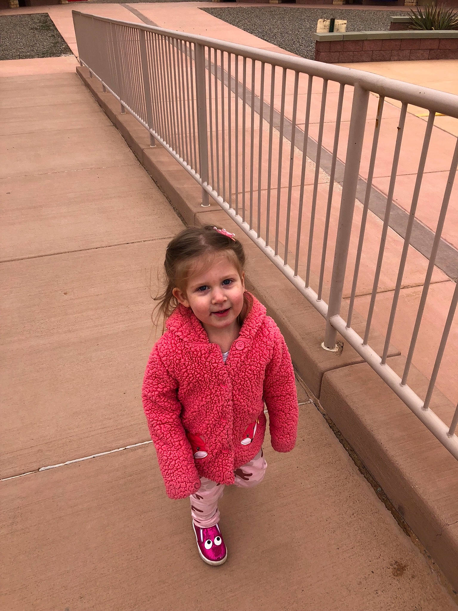 Aidyn joined the competition — help win amazing prizes! child, handrail, leg, outerwear, person, pink, shoe, smile, toddler