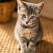 Kyara a rejoint le concours — aidez-le/la à gagner de superbes lots ! kitten, cat, gray_tabby, fur, whiskers, curious, eyes, paws, sitting, woven_mat, indoor, pet, cute, animal, domestic_cat, portrait, closeup, young, soft_light, adorable