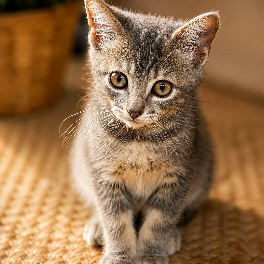 Kyara a rejoint le concours — aidez-le/la à gagner de superbes lots ! kitten, cat, gray_tabby, fur, whiskers, curious, eyes, paws, sitting, woven_mat, indoor, pet, cute, animal, domestic_cat, portrait, closeup, young, soft_light, adorable