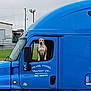 dog, truck, blue_truck, vehicle, window, outdoor, grass, building, overcast_sky, canine, transport, roadside, pet, animal, side_view, mirror, headlight, license_plate, door, parking