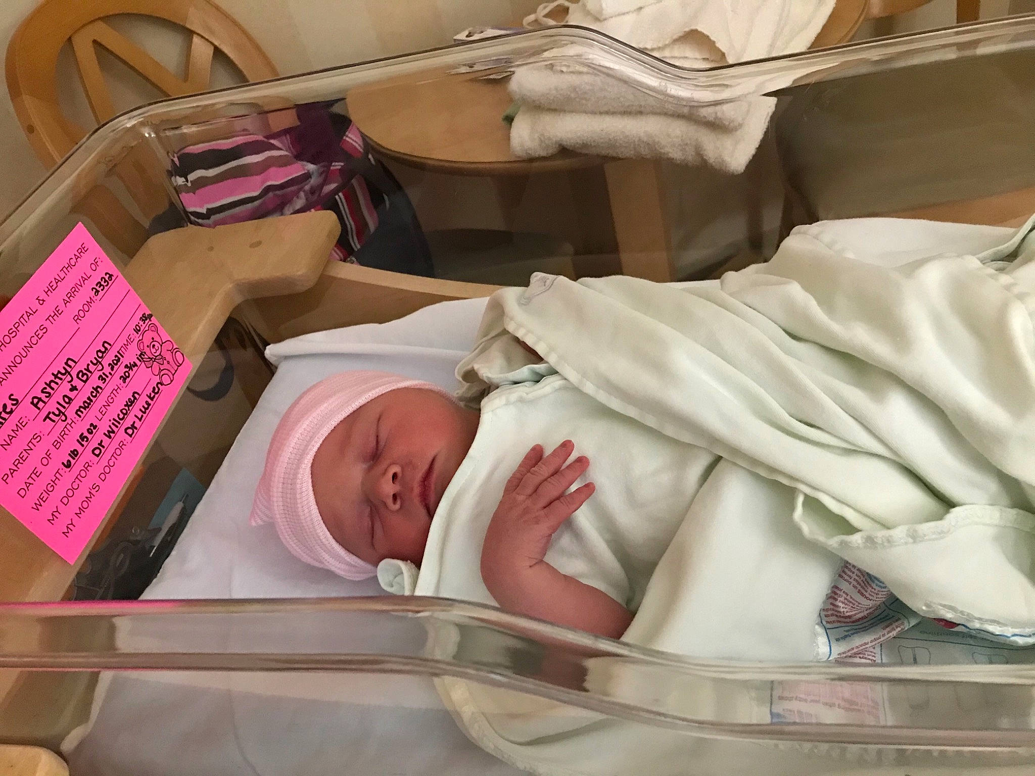 Ashtyn is registered to the contest to win money with this photo: baby, baby_products, baby_safety, child, childbirth, comfort, event, handwriting, headwear, health_care, hospital, hospital_bed, linens, medical, medical_equipment, medical_procedure, patient, pediatrics, person, room