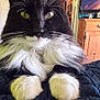 animal, black_and_white, blanket, cat, close_up, cute, domestic, fluffy, fur, furniture, green_eyes, indoor, mammal, paws, pet, portrait, relaxed, television, whiskers, wooden_cabinet