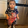 Jaxon is registered to the contest to win money with this photo: appliance, boy, cabinet, child, clothing, cute, expression, floor, indoor, kitchen, patriotic, person, socks, stainless_steel, standing, stars, stripes, toddler, usa, wooden_floor