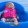 baby, infant, life_jacket, float, water, blue, pink, smile, outdoor, child, cute, summer, sunshine, inflatable, sitting, young, happy, water_toy, playful, relaxing