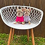 puppy, dog, french_bulldog, white_chair, lattice_chair, wooden_fence, grass, backyard, outdoor, pet_clothing, pink_shirt, lavender_shirt, sitting, paws, ears, eyes, cute, pair, portrait, chair_legs