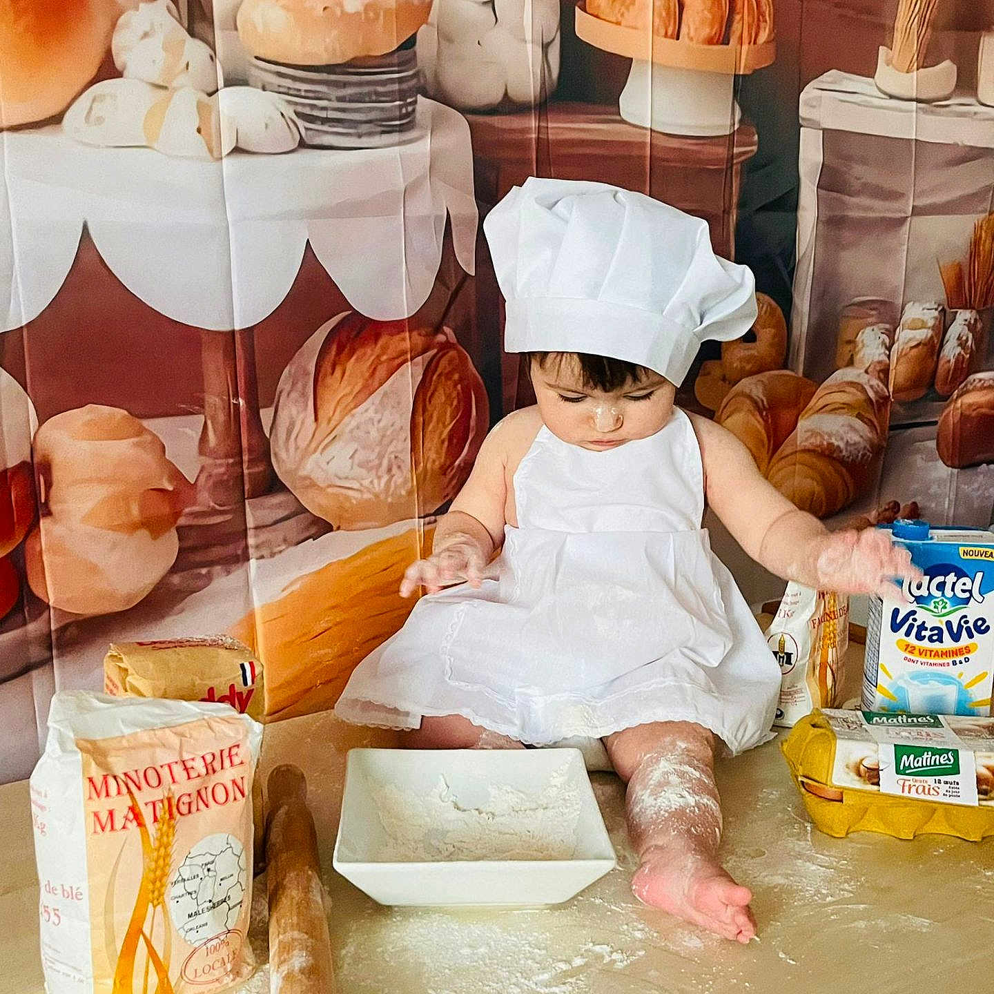Sofia participe au concours pour gagner de l'argent avec cette photo : apron, baby, baking, bread, chef_hat, child, cooking, cute, eggs, flour, food, indoors, kitchen, messy, milk_carton, pastries, person, rolling_pin, table, white_dress
