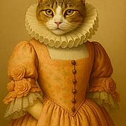 Chloé participe au concours pour gagner de l'argent avec cette photo : cat, portrait, costume, vintage, dress, ruffled_collar, yellow_eyes, feline, historical, elegant, animal, fur, paws, buttoned_dress, floral_pattern, soft_lighting, studio, indoor, brown_background, posing