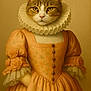 cat, portrait, costume, vintage, dress, ruffled_collar, yellow_eyes, feline, historical, elegant, animal, fur, paws, buttoned_dress, floral_pattern, soft_lighting, studio, indoor, brown_background, posing