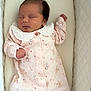 baby, newborn, sleeping, pink_clothing, onesie, peter_rabbit, infant, bassinet, quilted, soft_fabric, face, hand, closed_eyes, cute, peaceful, child, portrait, indoors, resting, cozy