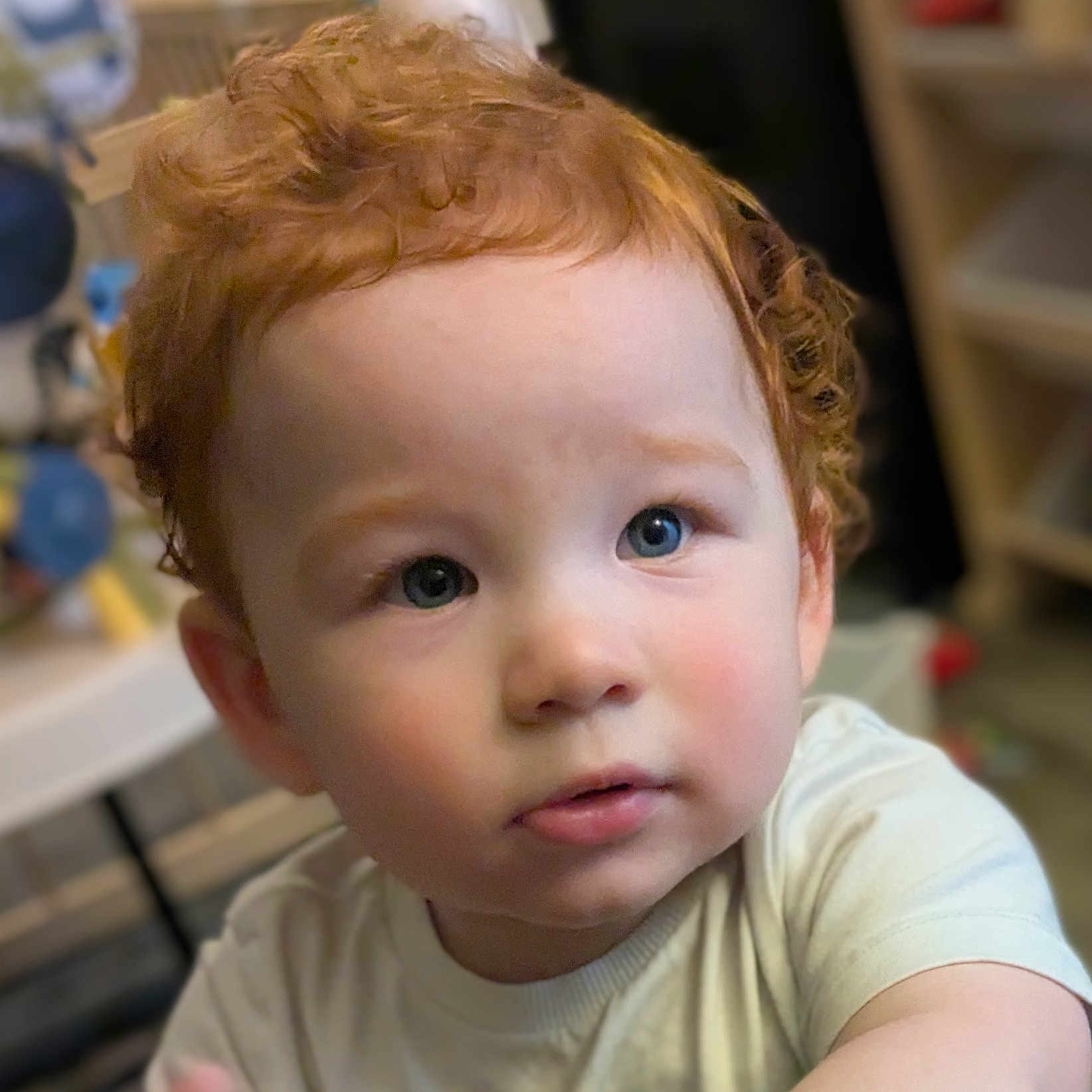 Mason is registered to the contest to win money with this photo: toddler, child, red_hair, blue_eyes, curly_hair, face, portrait, indoor, soft_lighting, expression, cute, curious, person, close_up, young_child, innocence, baby, human, skin, clothing